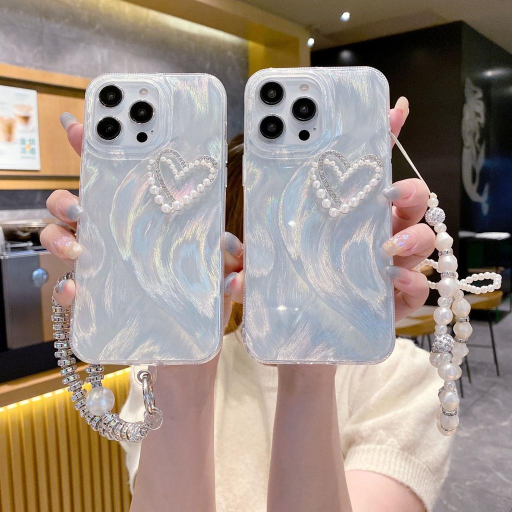 Feather Gauze Is Suitable for The Apple 15PRO Spring and Summer Simple Protective Case, Fairy Heart Pearl Chain, and Phone13 Case
