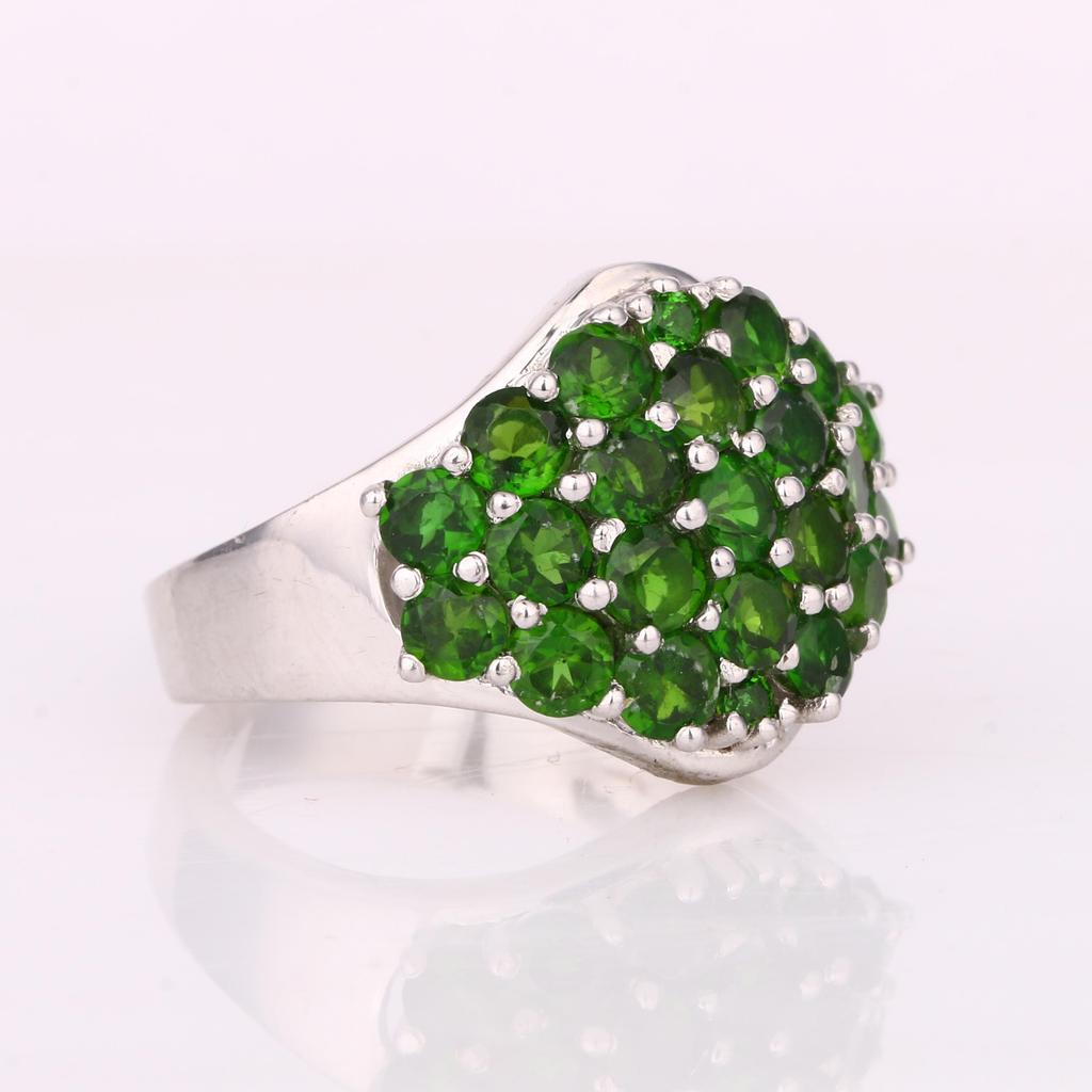 Rhodium Plated Sterling Silver Chrome Diopside Cluster Ring  Round Green Gemstone Statement Piece