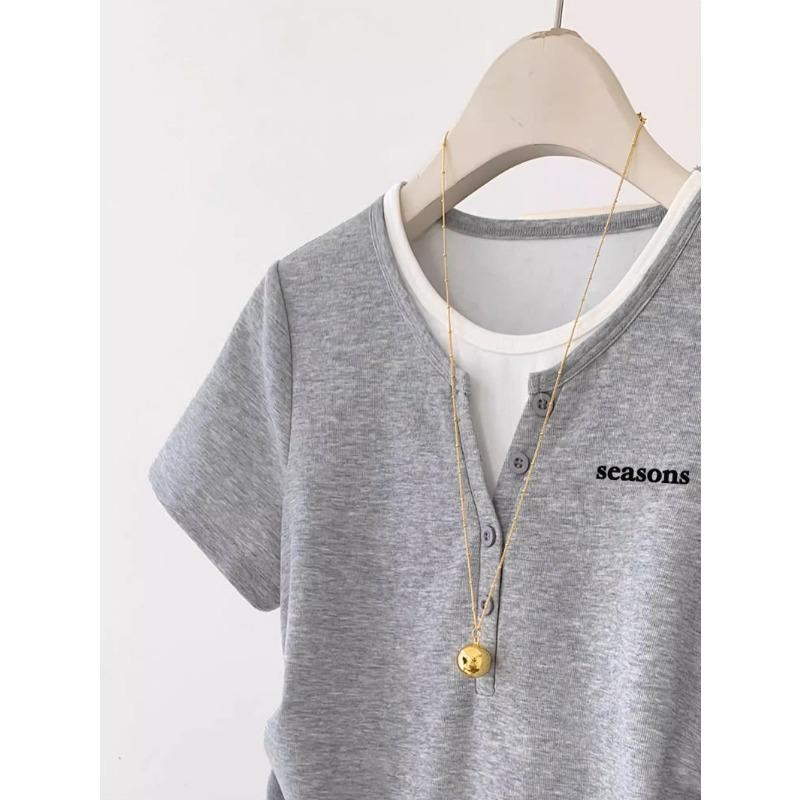 Dámské letní módní designové výklenkové falešné dvoudílné štíhlé topy s krátkým rukávem a stahovací šňůrkou