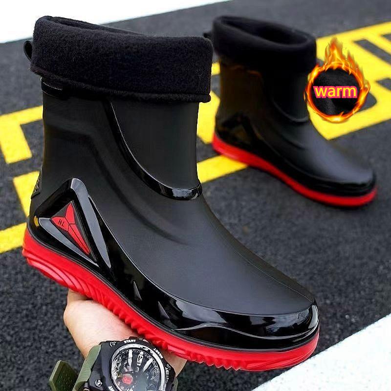 Fashion Short-tube Waterproof Shoes Men's Rain Boots Low-cut Warm Work Rubber Shoes Non-slip Fishing Kitchen Rain Boots Men