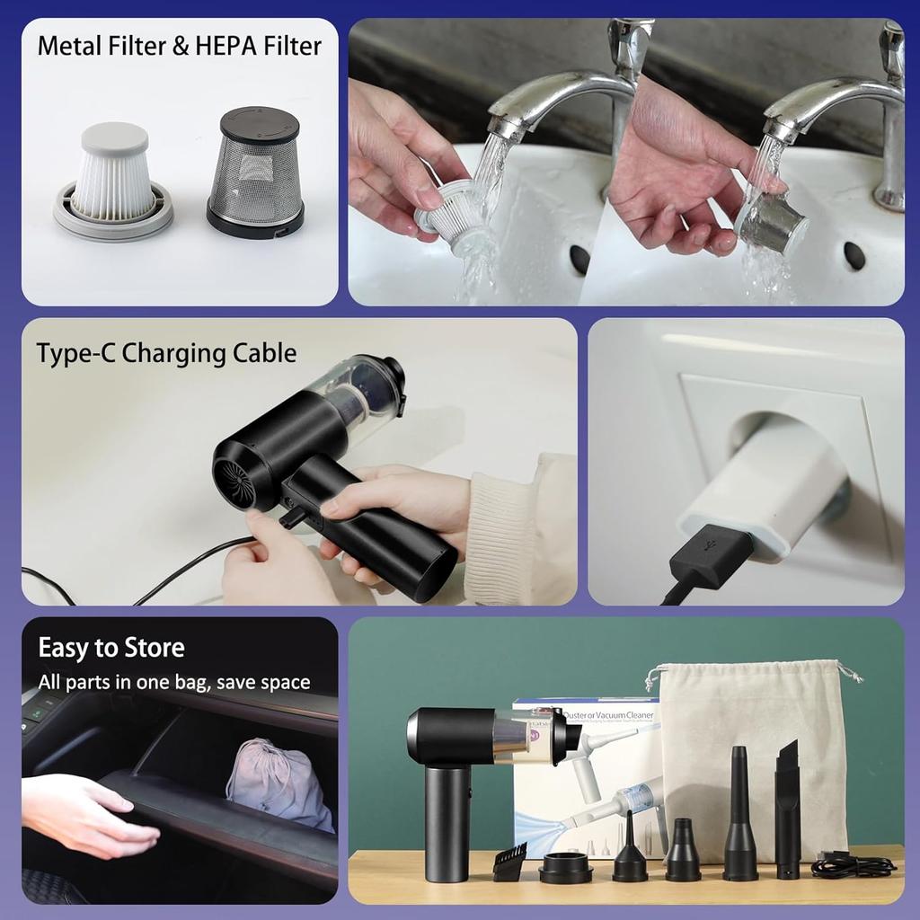 Car Vacuum Cleaner, 16000PA Car Vacuum Portable Cordless, 4-in-1 Mini Handheld Vacuum with Brushless Motor and Type C, Strong Suction Portable Vacuum