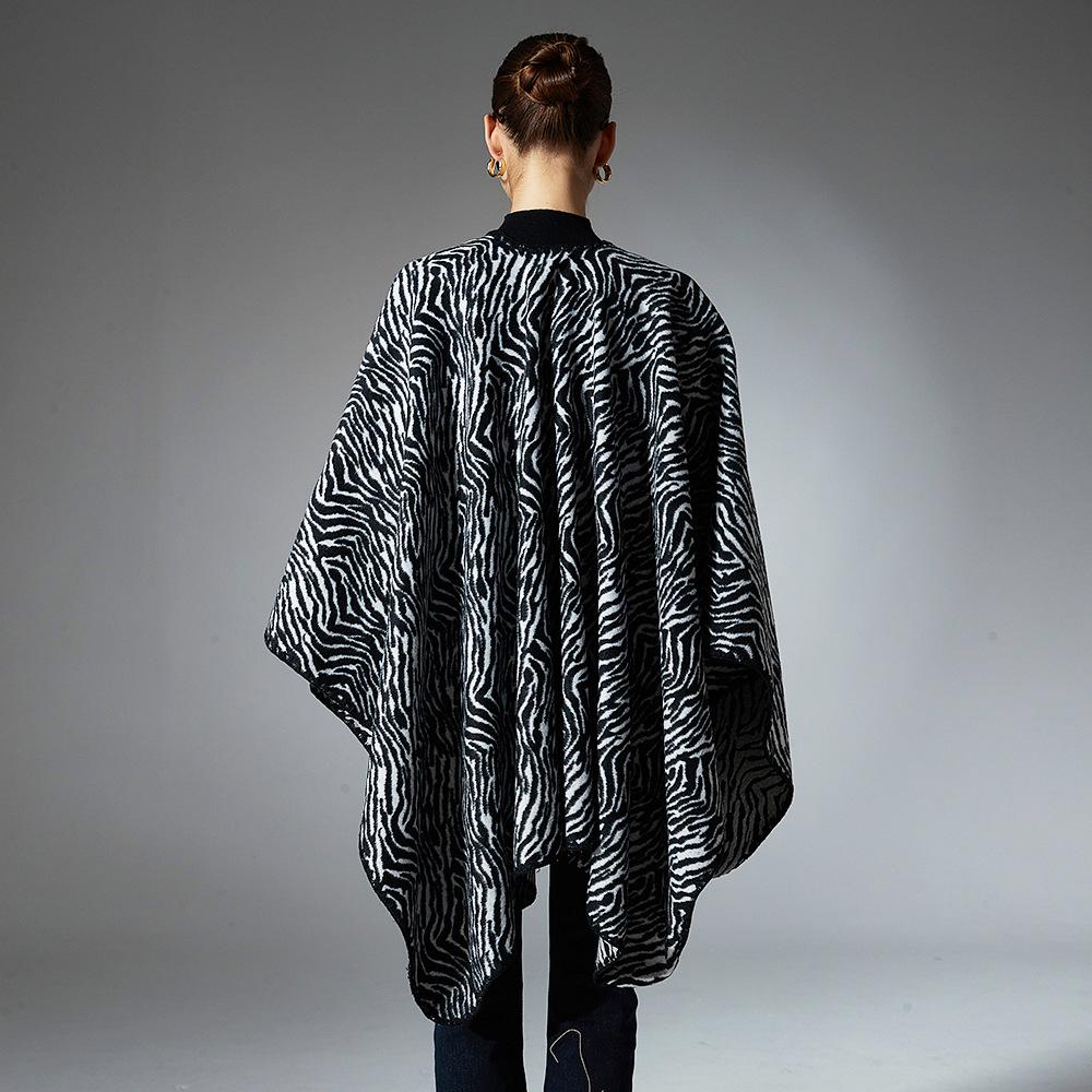 Plus Size Zebra Print Shawl: European/American Autumn/Winter Women's Mid-Length Jacket