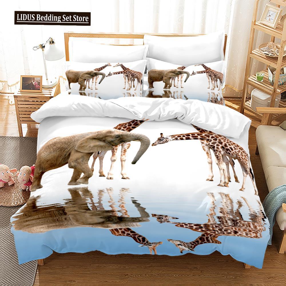 Deer Duvet Cover Set King Polyester Bedding Set For Kid Children Gift Bedding Set 3D Animal Giraffe Purple Theme Comforter Cover