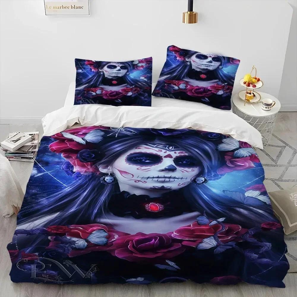 Hor Gothic Weiblich Totenkopf Totes Mädchen Bettwäsche Set 3D Gedruckt Geeignet für Schlafzimmer Weich mit Weichem Stoff Bettbezug Set Mit Kissenbezügen Heimtextilien