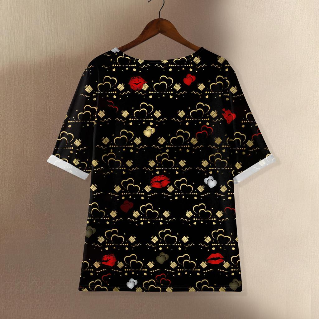 Damska Casualowa Bluzka z Krótkim Rękawem, Okrągłym Dekoltem i Nadrukiem Walentynkowym, Mieszanka Bawełny i Lnu