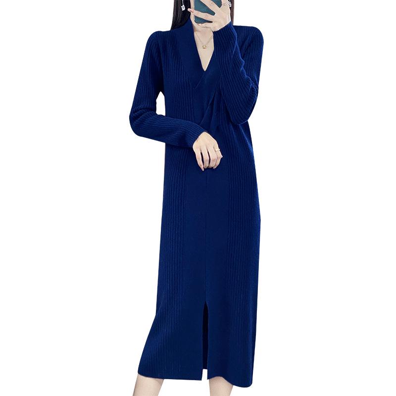 Women's V-Neck Cable Knit Wool Dress - Slimming Over-the-Knee Style with Long Sleeves and Slit for Autumn/Winter