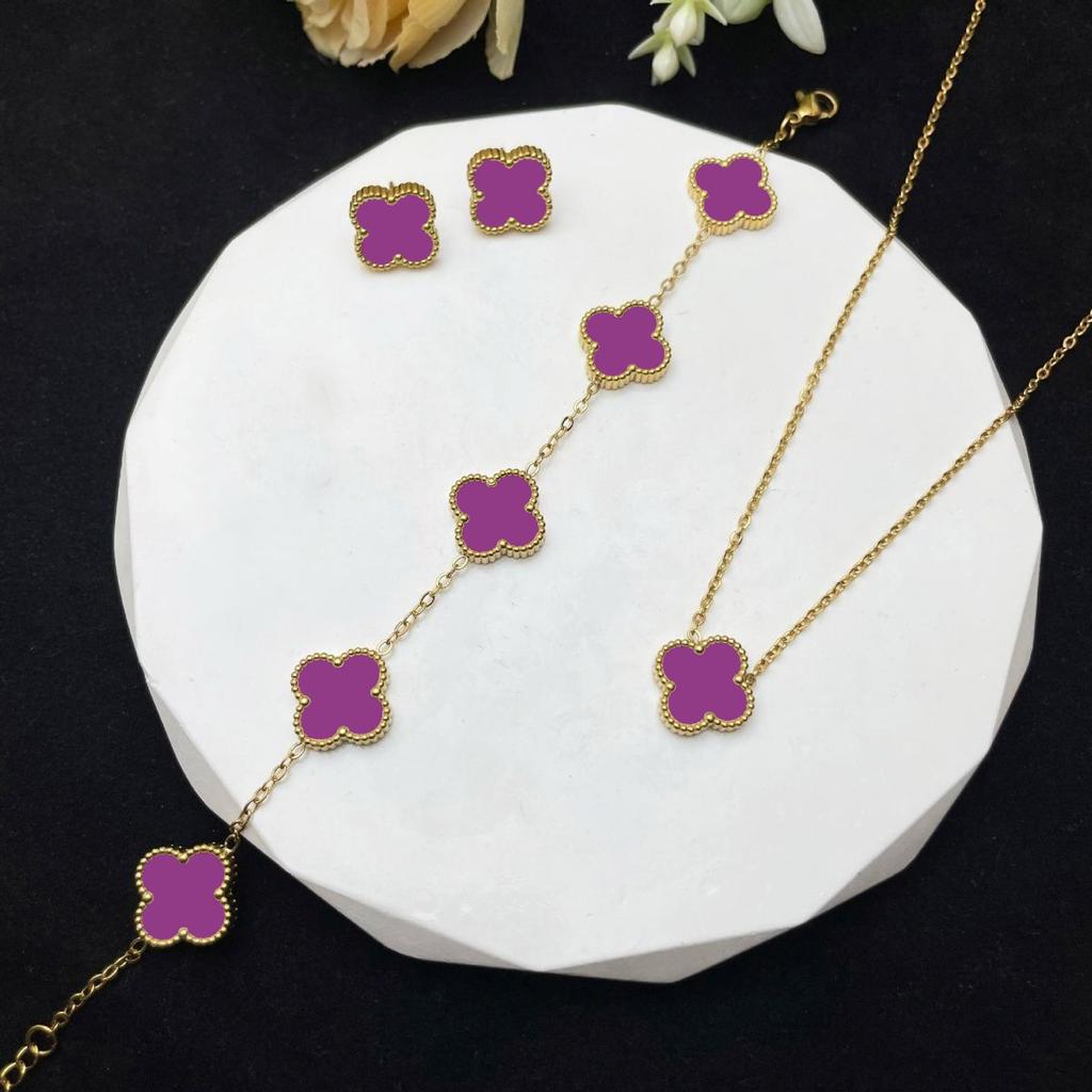 Set din trei piese colier, brățară și cercei trifoi cu patru foi de 13 mm, din oțel titan, set de bijuterii cu două fețe