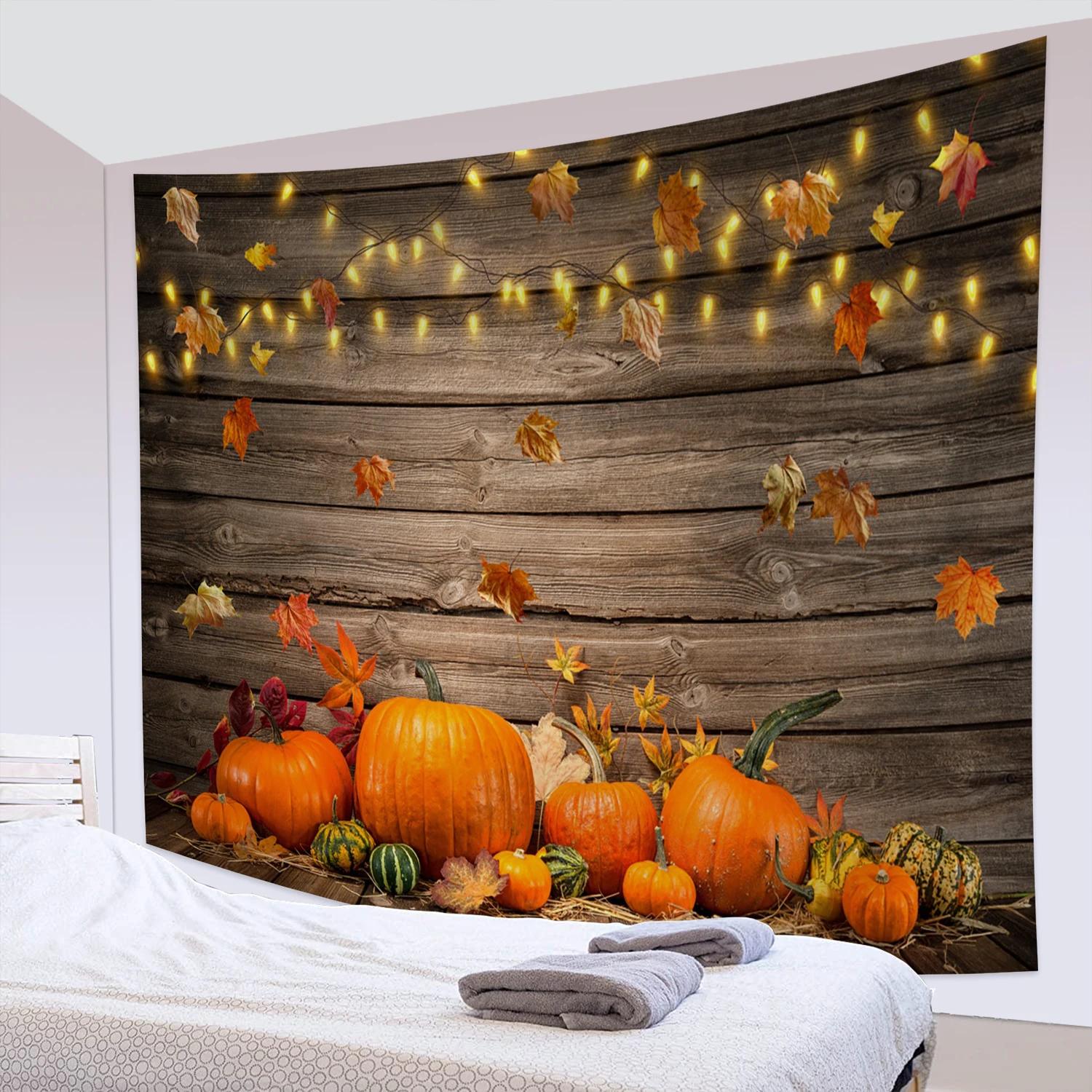 

Fall Thanksgiving Tapestry Rustic Wooden Barn Autumn Pumpkins Wall Hanging Tapestries Hippie Psychedelic Art Decor For Home W95xH70cm