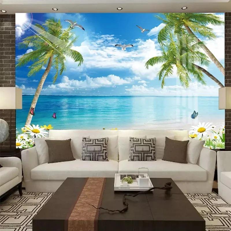 3d Seaside Landscape Nature Scenery Murals Coconut Beach Mural Living Room Restaurant Background Wallpaper
