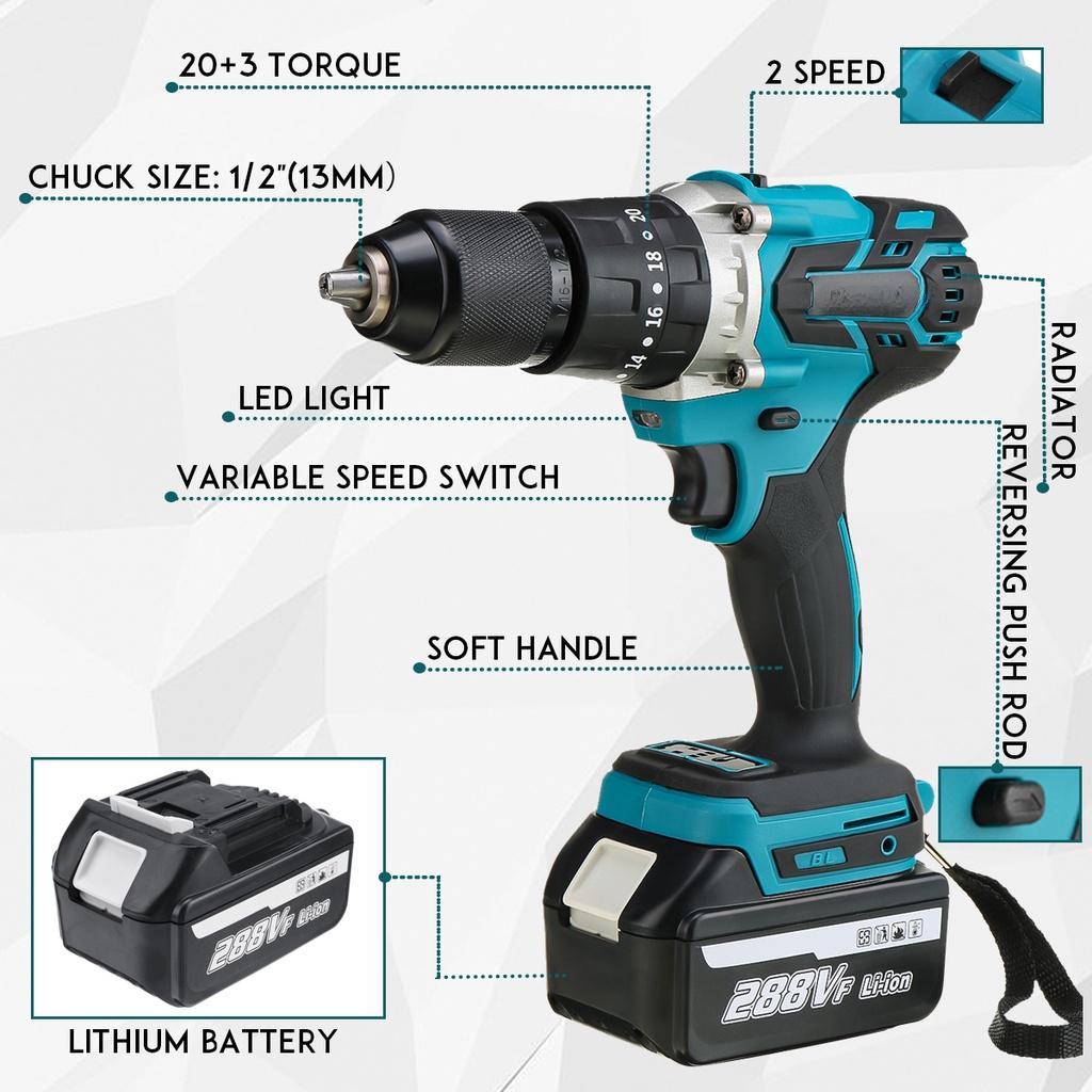 3 In 1 288V Brushless Electric Drill Screwdriver 20+3 Torque Variable Speed Cordless Hammer Impact Drill for 18V Battery