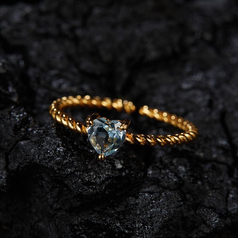 Personalized Simple Love Heart-Shaped Natural Color Treasure S925 Sterling Silver Ring Women'S Natural Garnet Topaz Open Ring