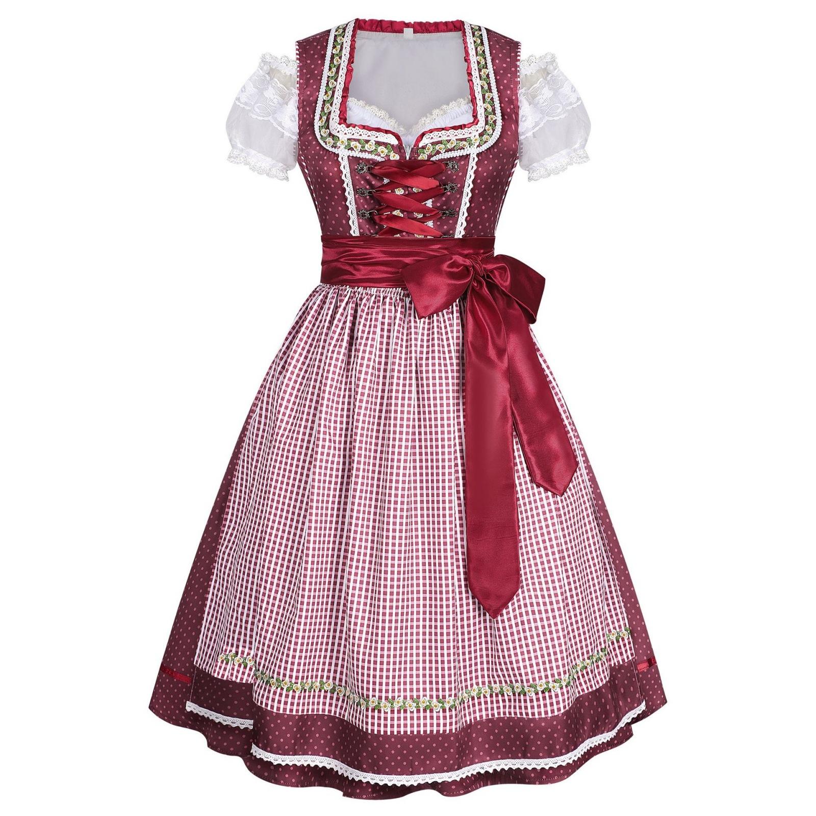 Traditional Bavarian Dirndl Dress for Women Oktoberfest Costume with Lace-Up Bodice and Apron Classic Vintage Style L красный