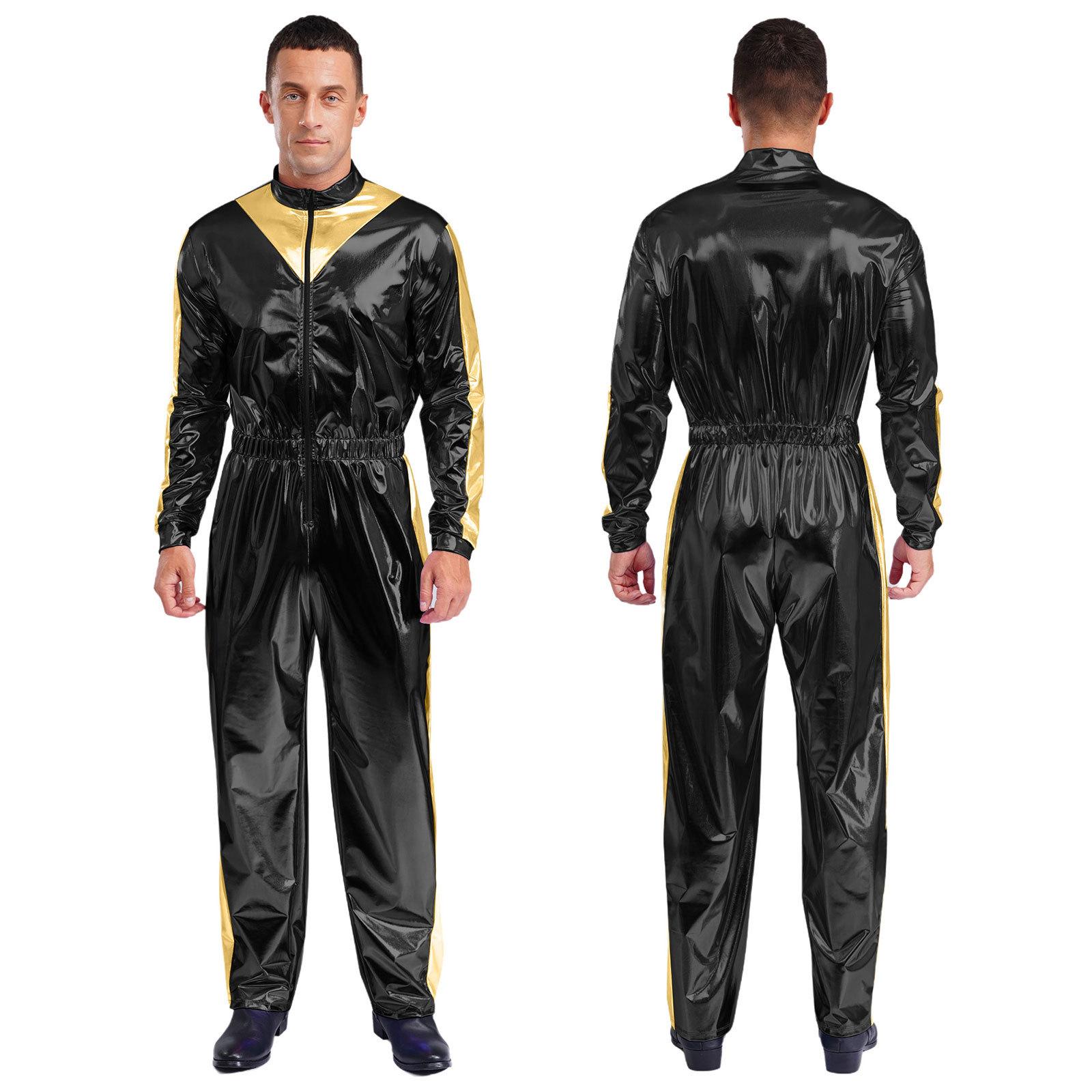 

Men Sparkly Shiny Bodysuit Long Sleeves Elastic Waist Color Block Long Jumpsuit Party Club Wear 3XL чорний