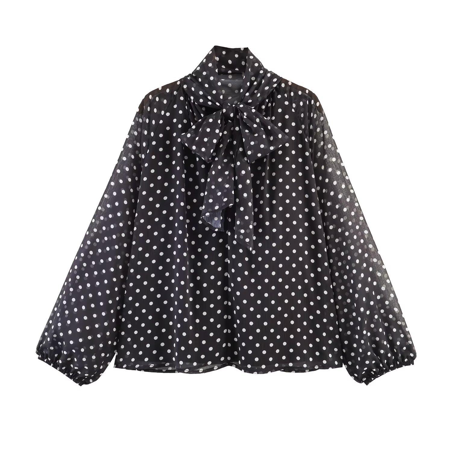 

Women s Summer Loose-Fit Simple Bow Polka Dot Long-Sleeve Shirt with Elegant Slightly Stretchable Bell Sleeves L