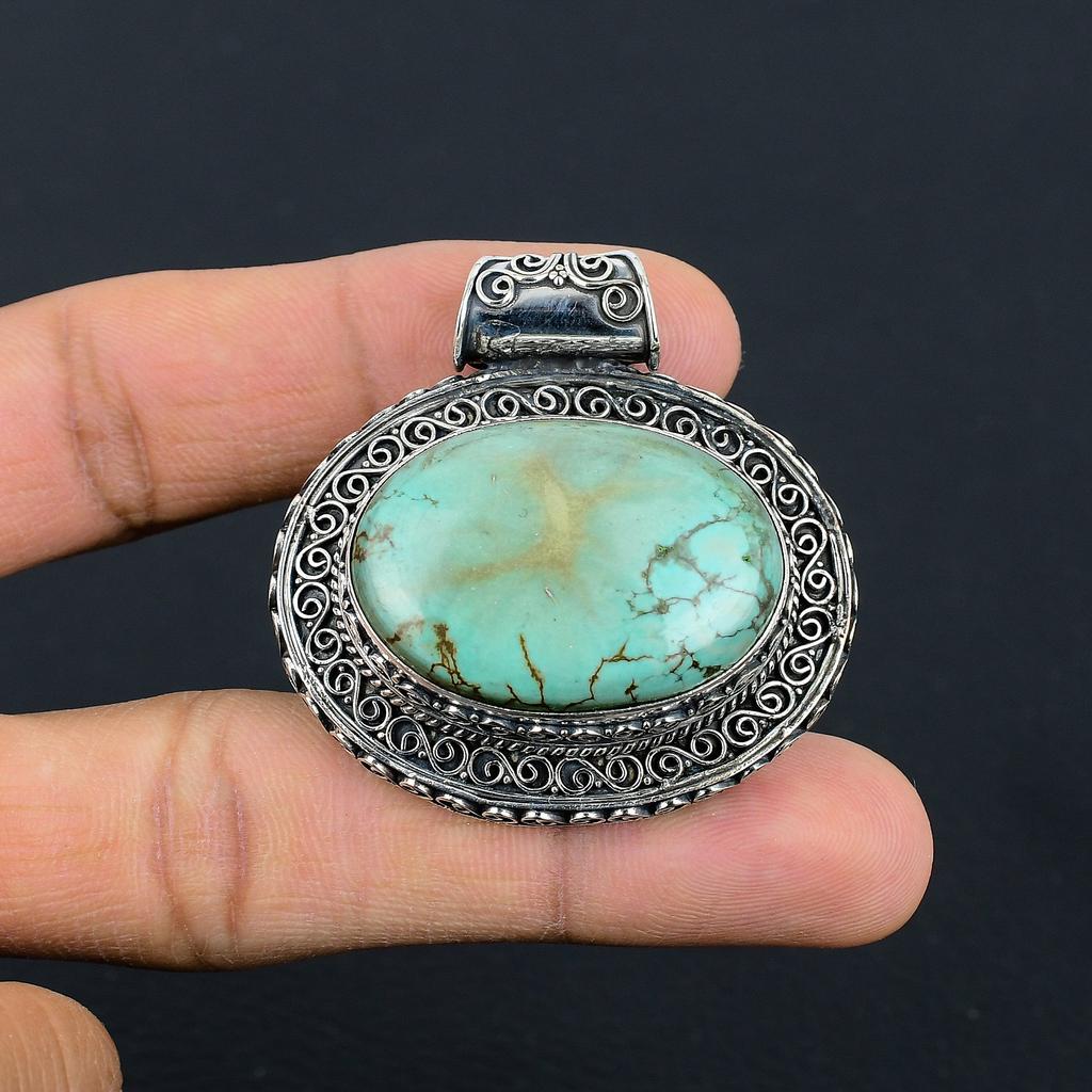Natural Tibetan Turquoise Gemstone 925 Sterling Silver Pendant 1.51" S9Q90