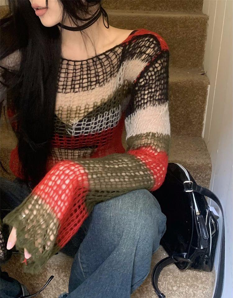 Y2K Maglione oversize vintage da donna Harajuku Grunge scava fuori pullover lavorato a maglia Moda senza schienale Crop Top Maglione anni 2000