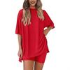 Women's Crew Neck Half Sleeve Oversized T Shirt Biker Shorts Loungewear Two Piece Pajama Set Casual Solid Outfit