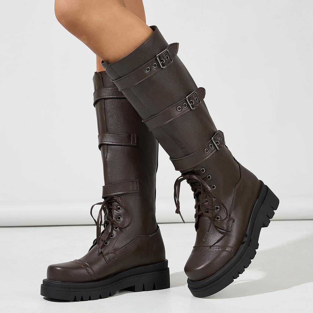 Autumn and Winter Ebay Casual Mid-heel Knight Boots Versatile Belt Buckle High Boots Women