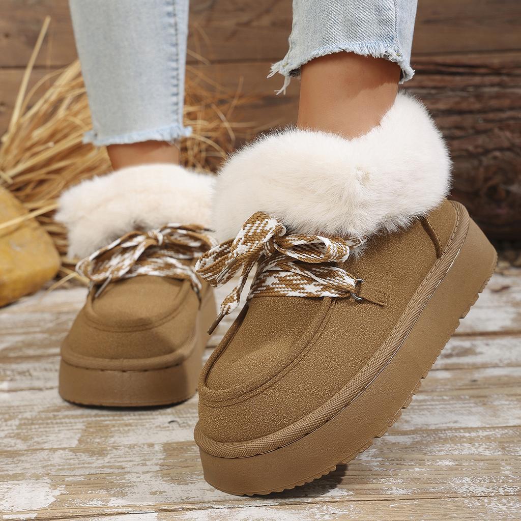 Winter New Lace-up Thick-soled Wool Wool Cotton Shoes 2025 Plus Size Muffin Fleece Warm Snow Boots for Women