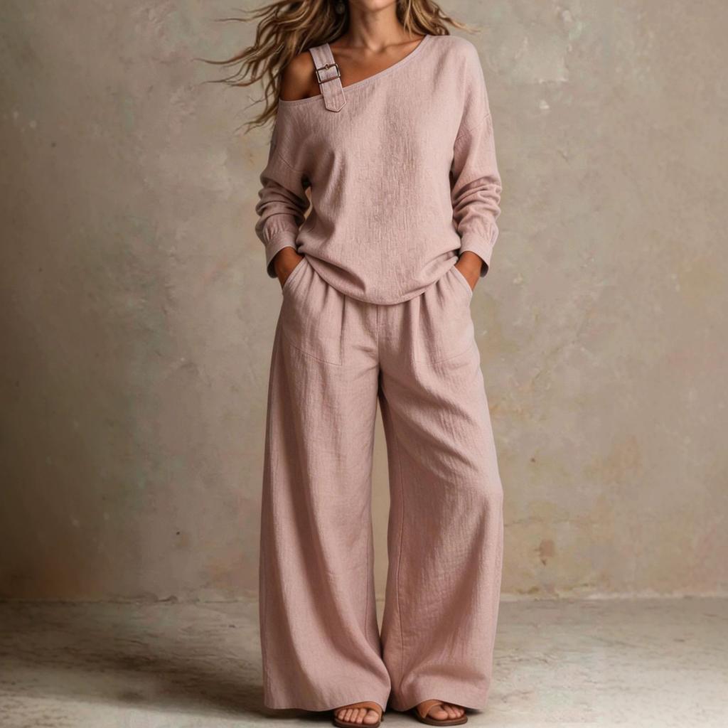 Women Off Shoulder One Sleeve Belt Detail Top Wide Leg Pants Two Piece Set Casual Loose Fit Loungewear