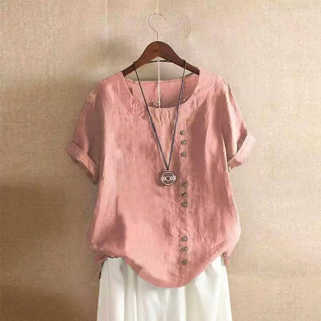 18 Colors S-5XL Women Cotton Linen Button Blouse Summer Female O-Neck Short Sleeve Solid Shirt Tops