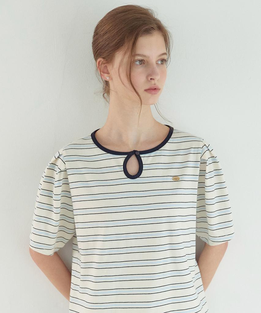 NONLOCAL Puff Sleeve Striped T-Shirt - Blue Stripe