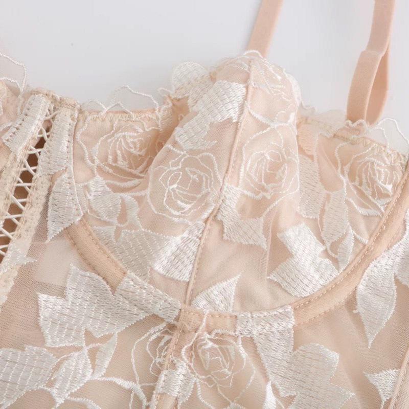 Blumenbestickter Spitzen Push-Up BH Set - Französischer Westenstil für Damen