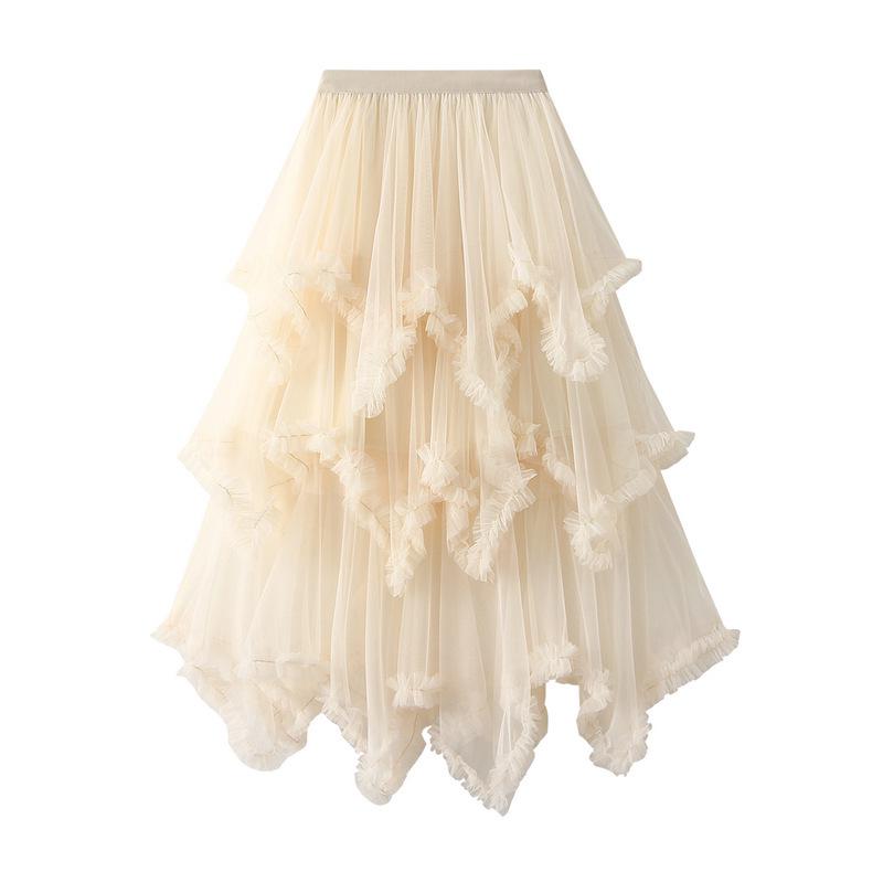 Women's Japanese Style Ruffle Mesh Midi Skirt - Fluffy Fairy Gauze with Wide Hem