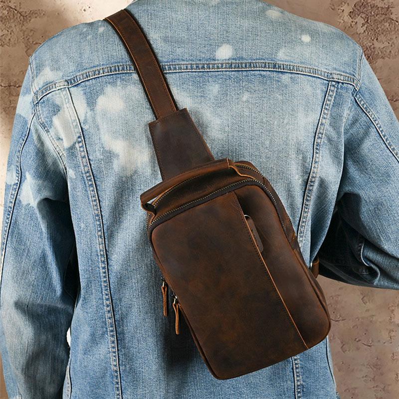 

Single Shoulder Chest Bags Classic Retro Style Brown Genuine Leather Cowhide Men s Sling Bag Multiple Zippers Adjustable Strap темно-коричневого кольору