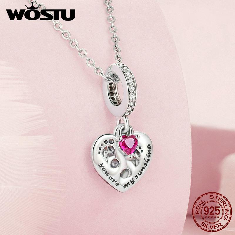 WOSTU 925 Silver Heart Shape Charms Growth Hanging Bead Red CZ Love Affinity Pendant For Original Jewelry Thanksgiving