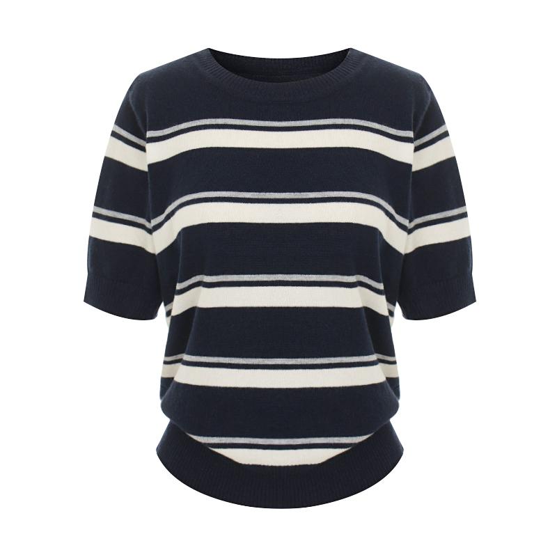 TVIEW Striped Round Neck Short Sleeve Wool Knit_V6A-Ckn016