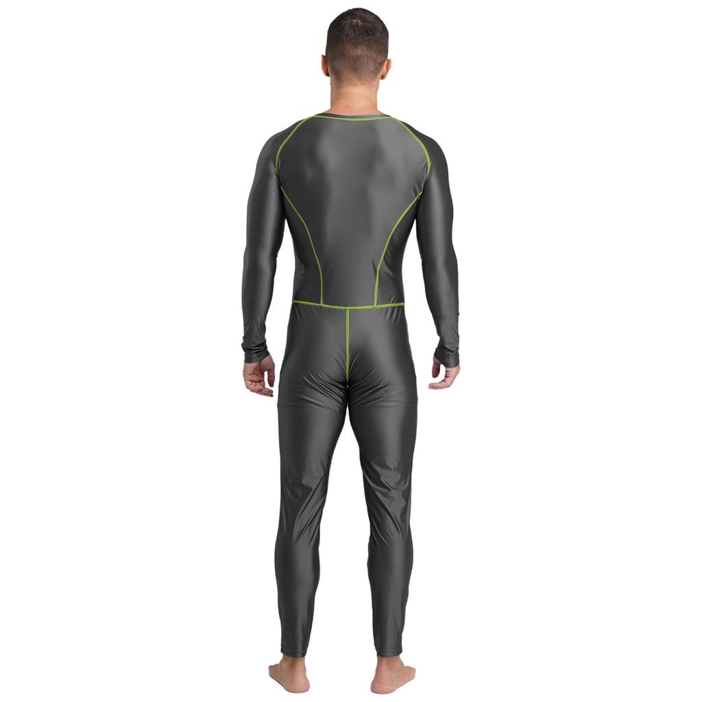 Men‘s Compression Swimwear & Gym Romper S-3XL: Shiny Long Sleeve Jumpsuit with Front Zipper, Flatlock Seams for Comfort