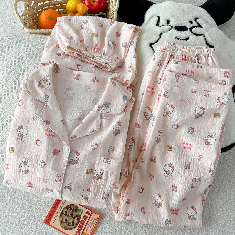 Cloud Cotton Pajamas Women'S Summer Cloud Cotton Short Sleeves Sweet Loungewear Three-Piece Set