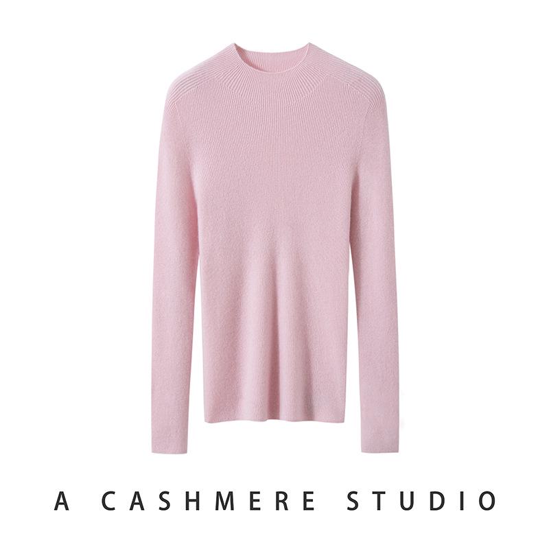 Women's Slimming Pure Cashmere Ribbed Pullover Sweater - Solid Color, Half-High Neck Knitwear