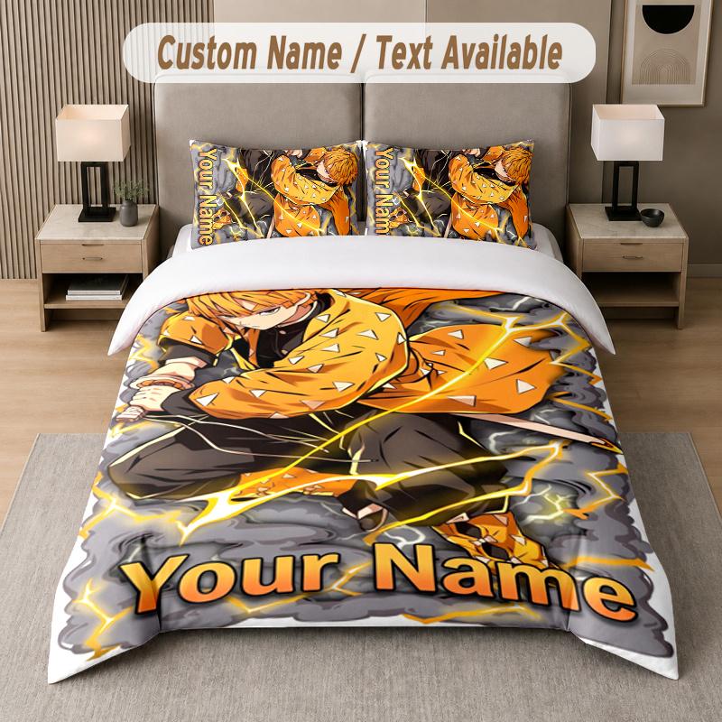 Custom Name Zenitsu Agatsuma 3Pcs Duvet Cover Set Personalized Text Bedding Pillowcases Bedroom