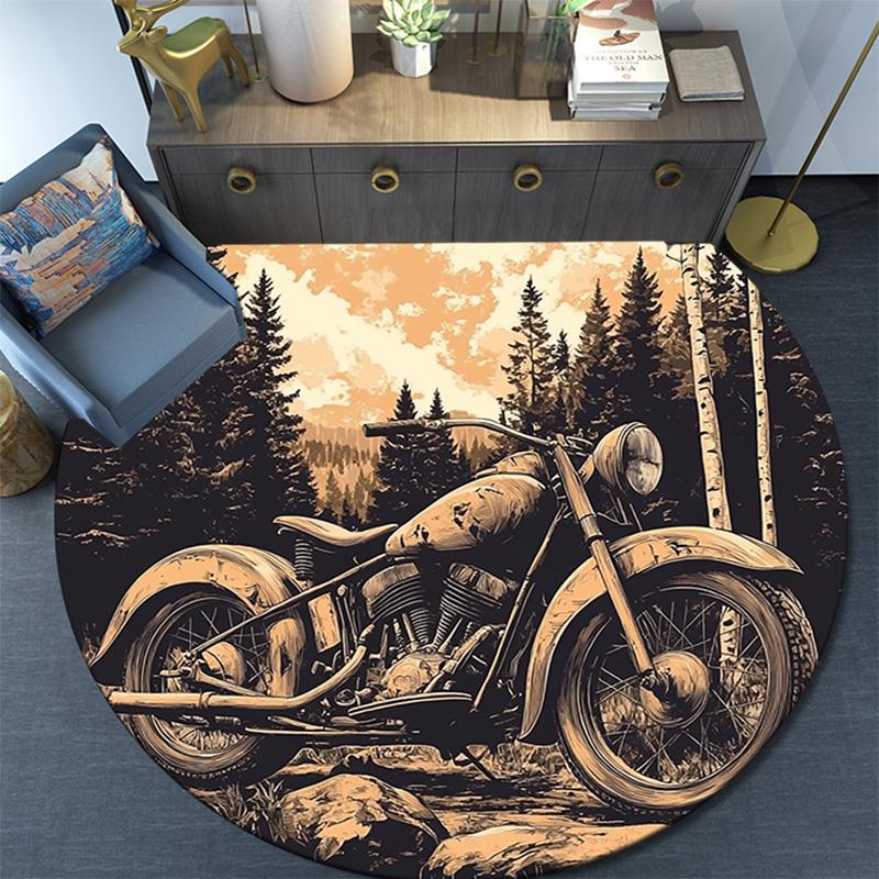 Vintage Motorcycle Round Area Rug,Carpet Rug for Living Room Bedroom Sofa Playroom Decor,Non-slip Floor Mat