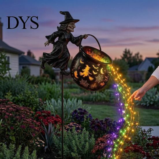 Creative Halloween Party Props Witch Cauldron Garden Light, Metal Yard Stake with LED String Light Lights, Waterproof Pot Statue for Outdoor Lawn Path