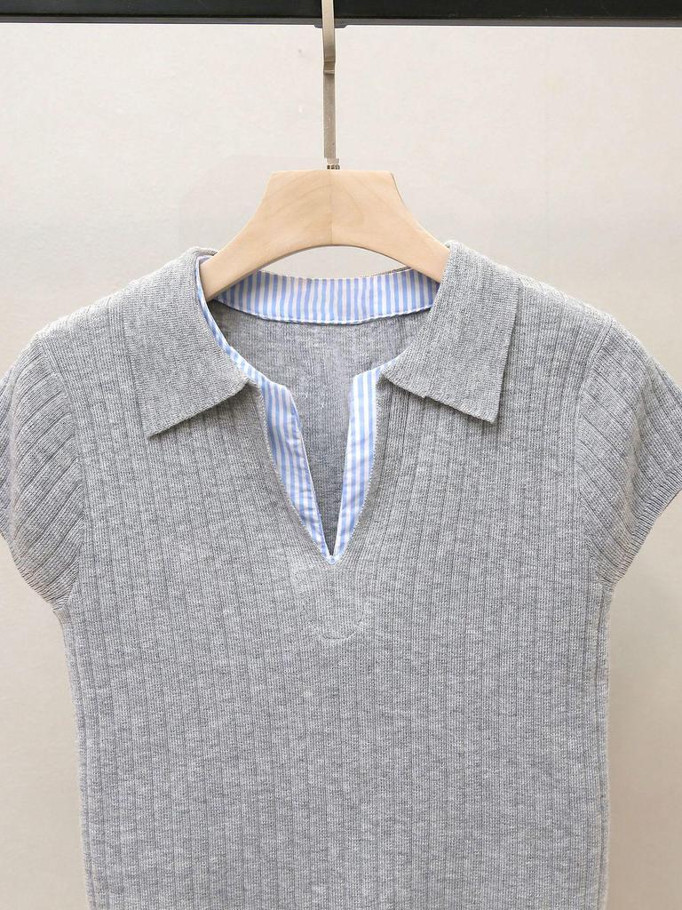 Nanyou Damen Minimalistischer Strickpullover mit Umlegekragen und kurzen Ärmeln - Herbst Neuankömmling, Vielseitiger Fake-Zweiteiler-Stil