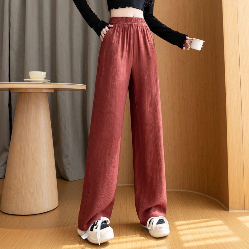 Women Elastic High Waist Linen Wide Leg Long Pants Loose Casual Floor Length Trousers with Pockets Summer Daily Vacation Soft Pants