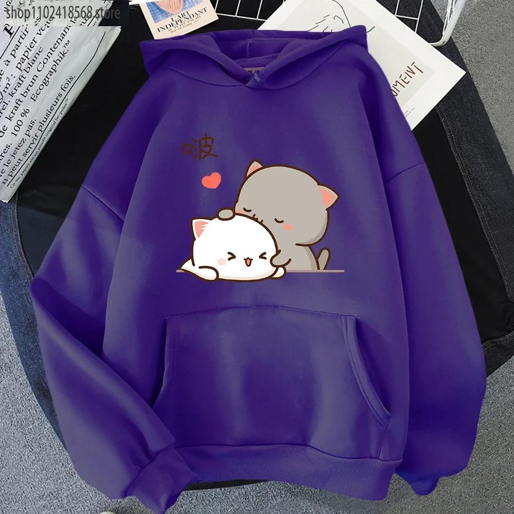 Peach Cat Hoodies Kawaii Clothing Aesthetic Cute Pink Tops Oversized Cartoon Print Sweatshirts Women Warm Streetwear Men