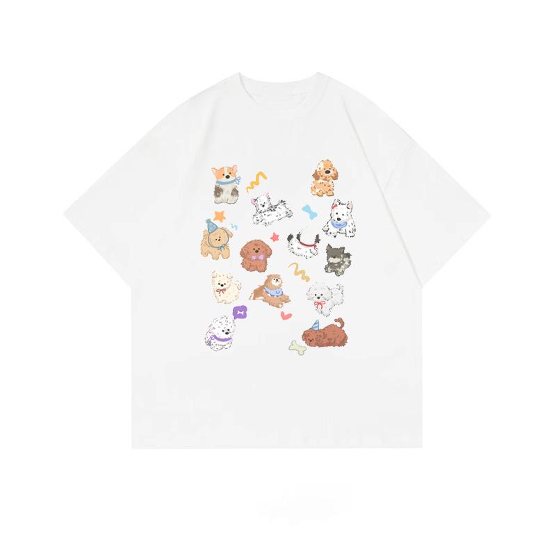 

Женская футболка из чистого хлопка свободного кроя - Милый мультяшный дизайн с щенком, тренд лета 2025 M белый