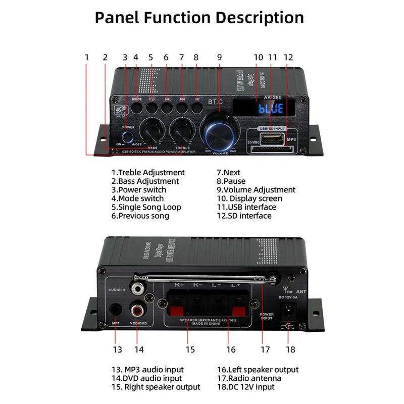 Bluetooth 2-channel Hifi Stereo Power Amplifier For Home Car Karaoke Party Audio System