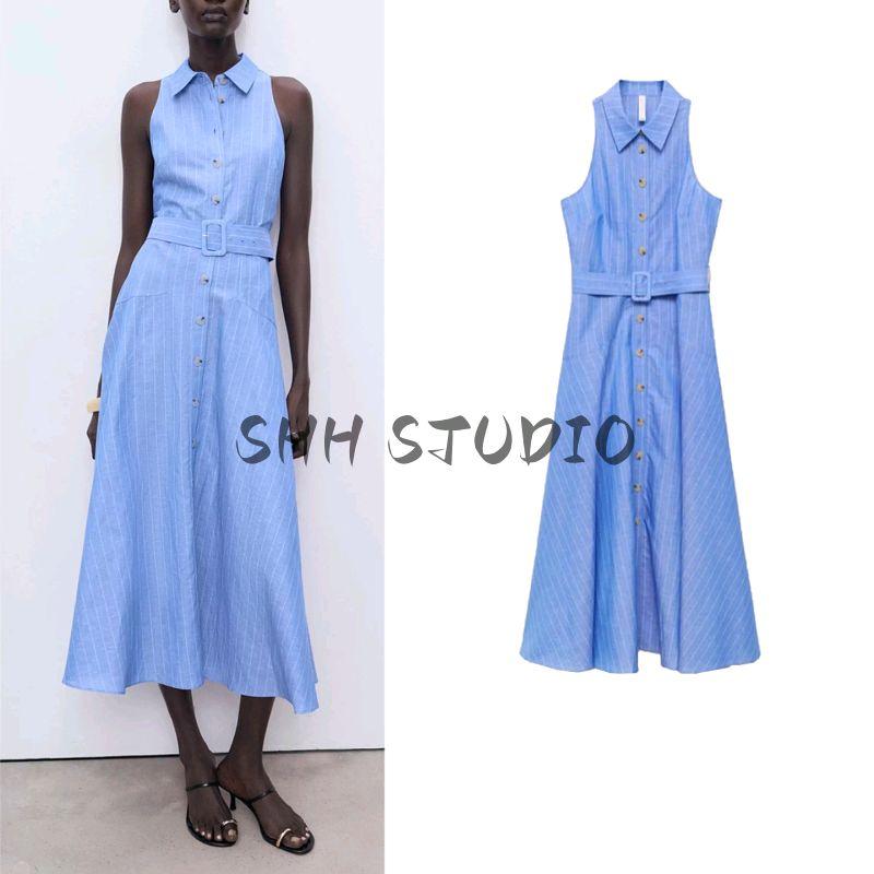 Autumn New Product Women Clothes Minimalist Style Lapel Sleeveless Linen Blend Commuting Shirts Dress 17062908