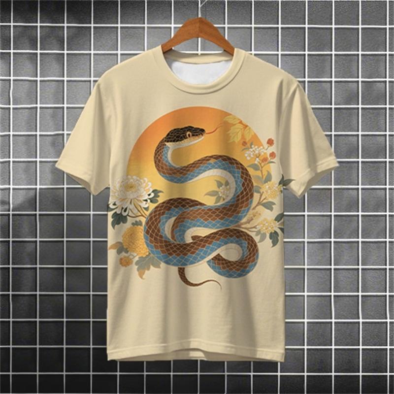 Cartoon Snake Pattern T Shirts For Men Summer Fashion Streetwear 3D Printed Ukiyo-e T-shirts Cool Oversized Crew Neck Tees Tops