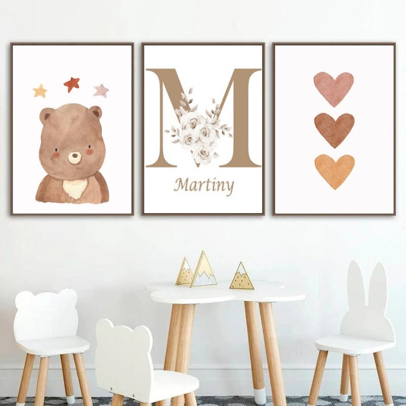 Customize Baby Name Posters Boho Bear Rainbow Sun Wall Art Nursery Canvas Painting and Prints Pictures for Kids Bedroom Decor