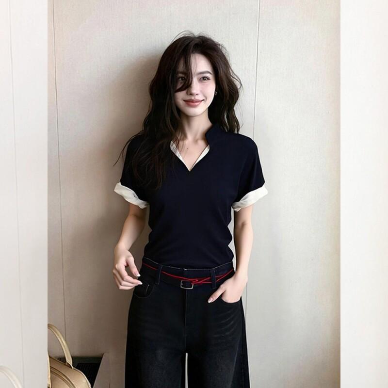 Black V-neck Front Shoulder Short-sleeved T-shirt Women's Summer Women's Clothing New Summer Ootd Wear Korean Beautiful Top