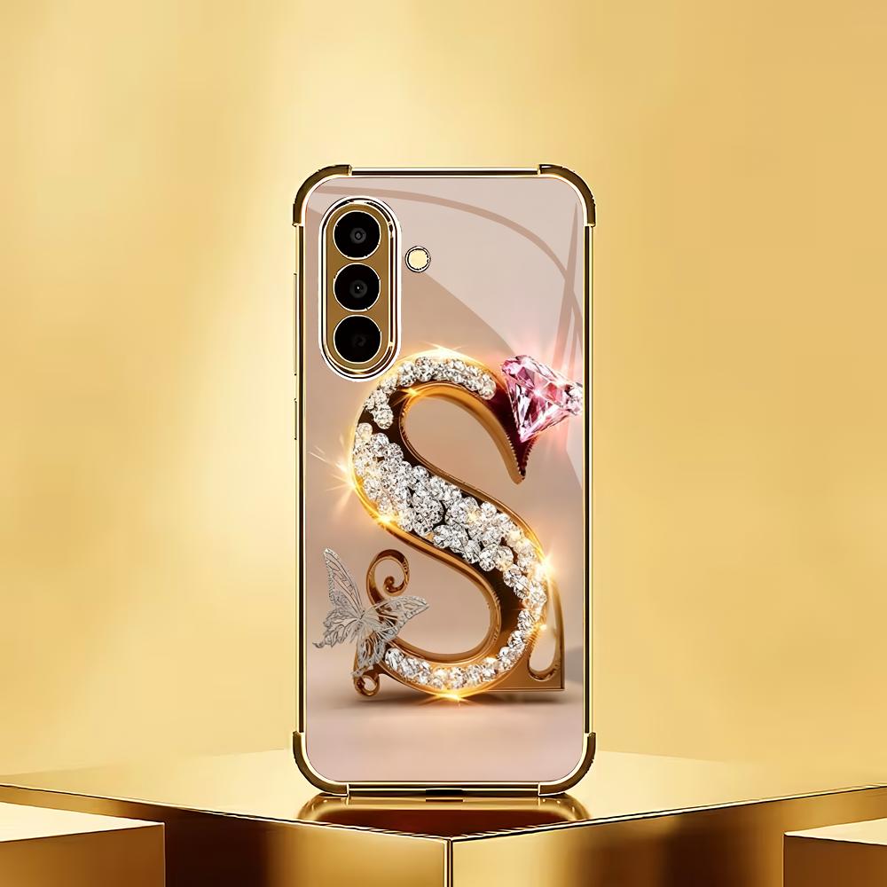 Diamond letter S electroplated glass phone case suitable for Samsung Galaxy S26 S25 S24 S22 S21 S20 FE/Ultra/Plus anti drop