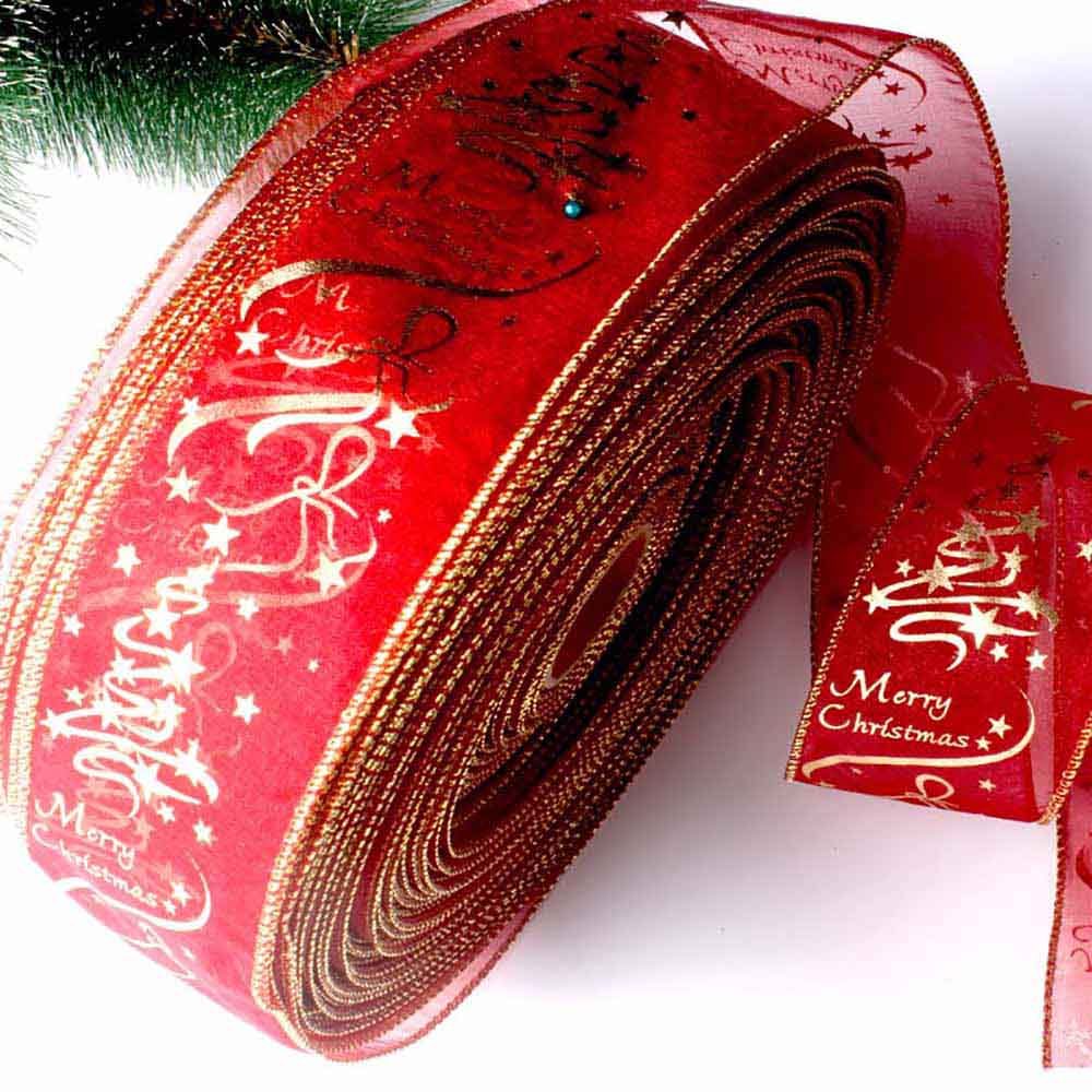 2M Weihnachtliches Rotes Band mit Merry Christmas Druck Gaze für Weihnachtsbaumdekoration Schleife Geschenkverpackungsdekoration Zubehör