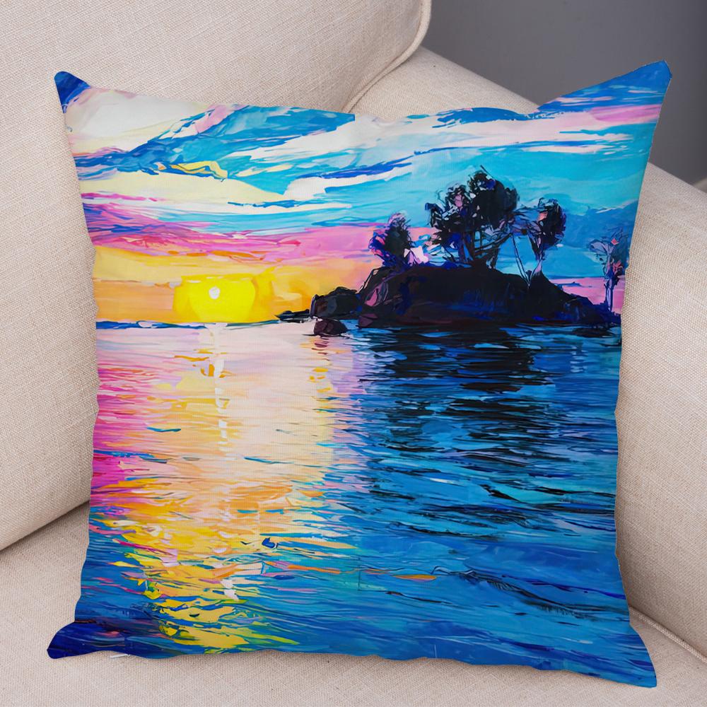 Federa Cuscino Stile Pittura ad Olio Paesaggio Colorato Barca Cavallo Stampa Floreale Lino Morbido Soggiorno Camera da Letto Casa Federa