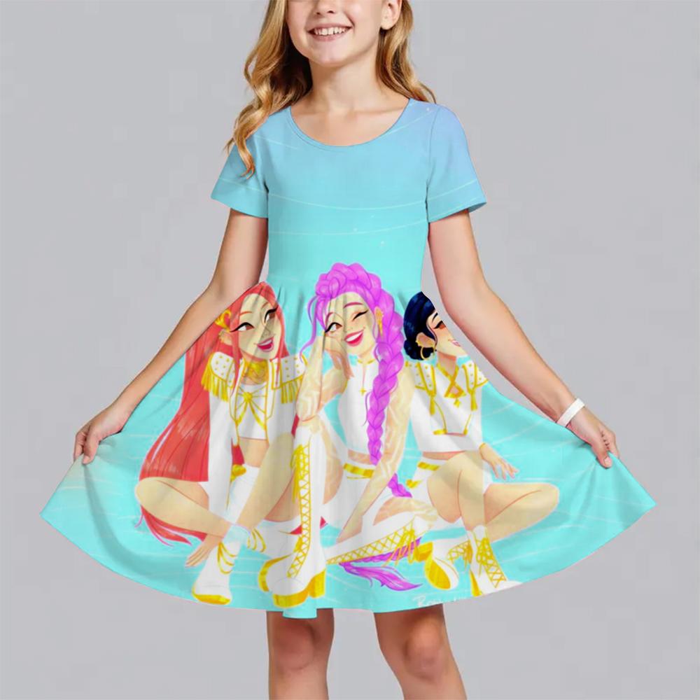 Summer Fashion Polyester Lightweight Cartoon Cute Huntrix Kpop Demon Hunters Printed Girl's Dress Short Sleeved Princess Dress
